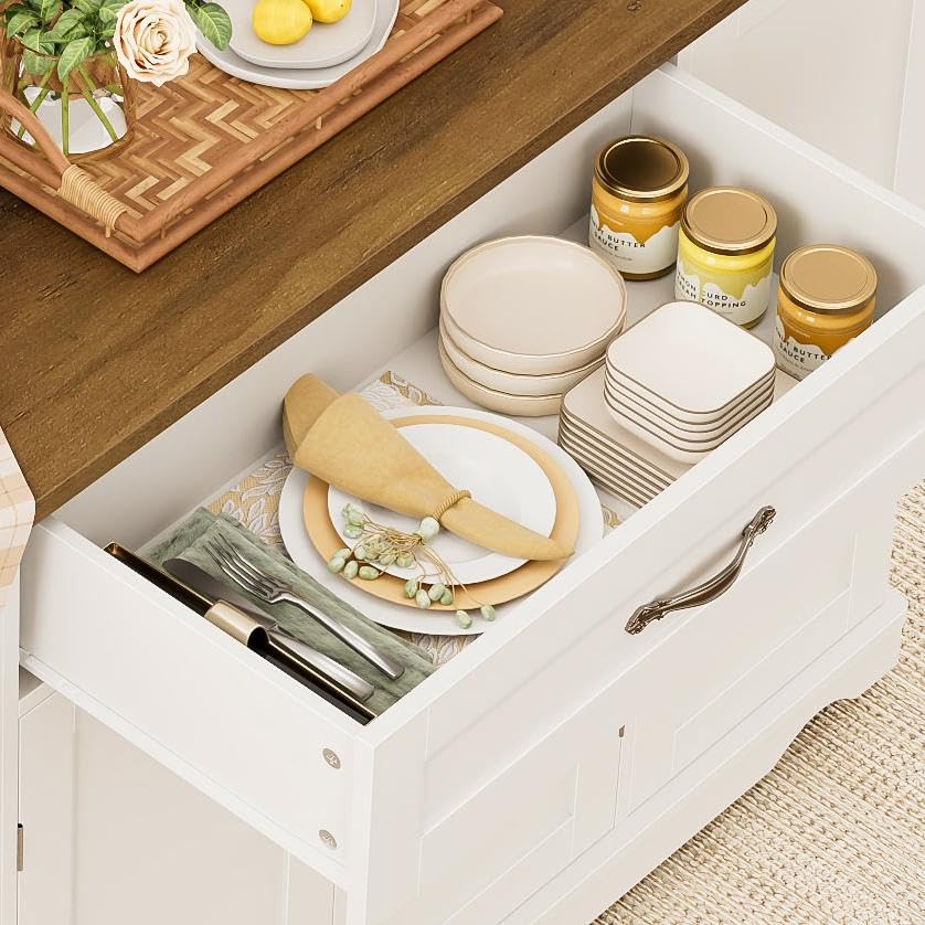 HOSTACK Kitchen Island Cart with Storage, 47'' Kitchen Storage Island on Wheels with 2 Drawers, Rolling Island Table with Adjustable Shelves, Mobile Buffet Sideboard Cabinet for Dining Room, White HOSTACK