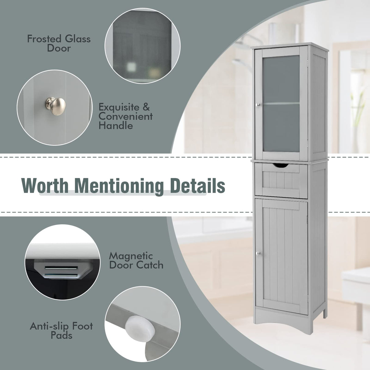 Tangkula 67" Tall Bathroom Storage Cabinet, Slim Freestanding Tower w/ 2 Doors & 1 Drawer, Narrow Floor Cabinet w/Adjustable Shelves & Tempered Glass Door for Bathroom Living Room (Grey) Tangkula