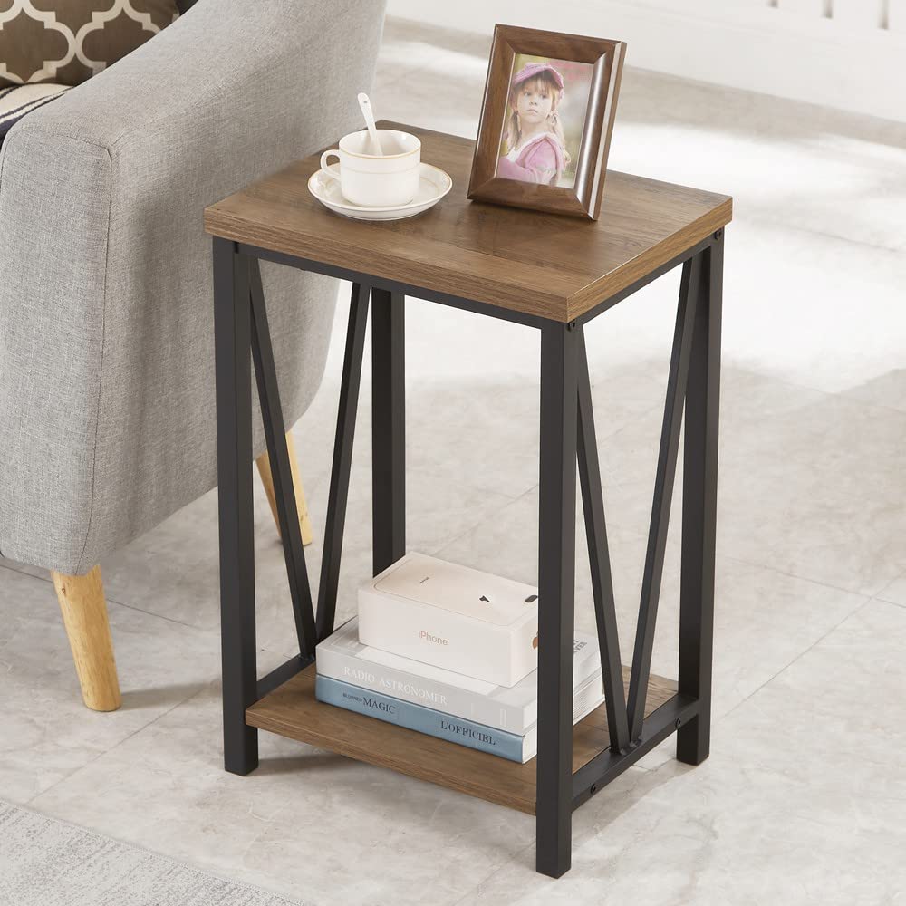 FOLUBAN Side Table with Storage Shelf, Rustic End Table for Living Room, Wood and Metal Nightstand for Bedroom, Oak FOLUBAN