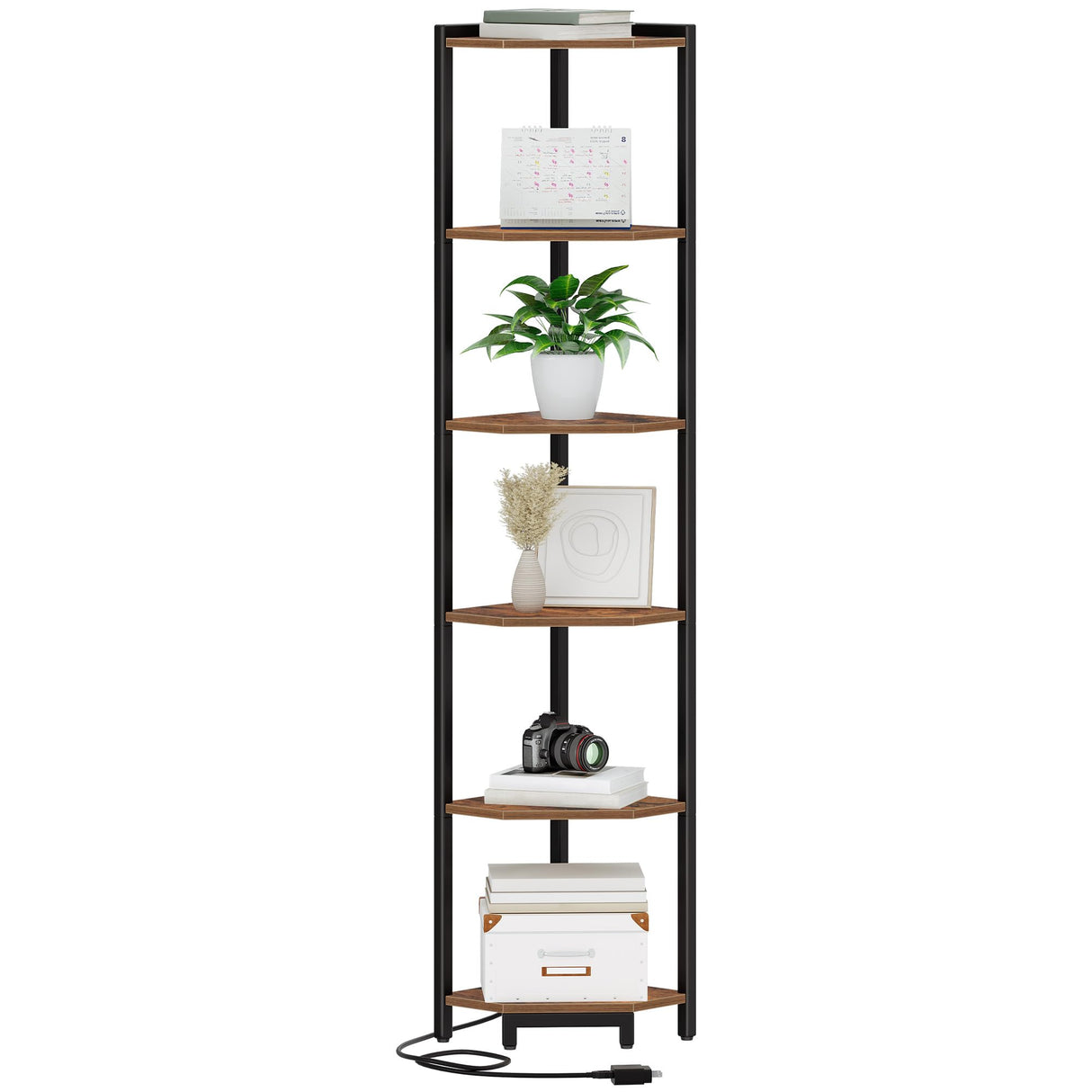 Hzuaneri Corner Shelf with LED Light, 6-Tier Corner Bookshelf, Tall Narrow Display Bookcase with Metal Frame, Standing Shelf for Small Space, Living Room, Home Office, Bedroom, Rustic Brown CS66601B Hzuaneri