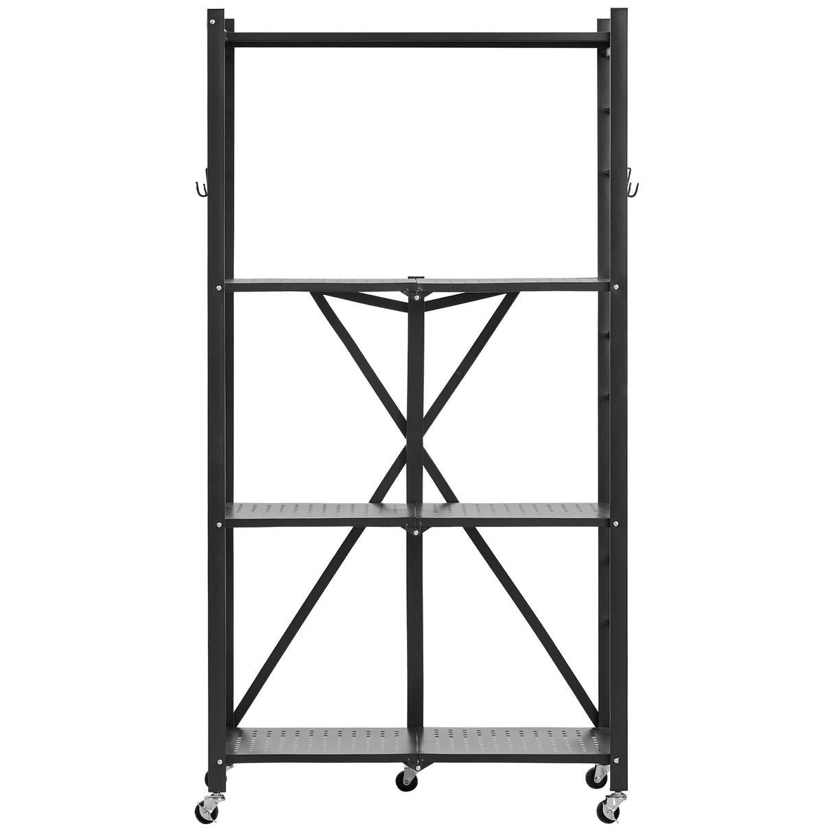 VEVOR 4-Tier Foldable Storage Shelf, 28W x 13D x 54H Inch Folding Metal Rack Shelving Unit, No Assembly Organizer Shelf with 5 Wheels & 4 Hooks for Pantry, Kitchen, Garage, Basement, Black VEVOR