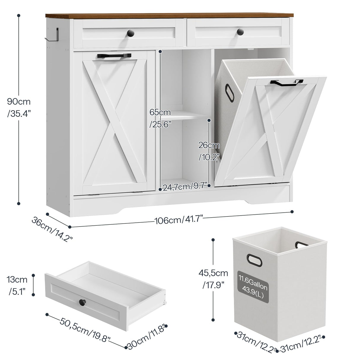 HOOBRO Double Tilt Out Laundry Hamper Cabinet, 41.7" Hidden Laundry Cabinet, with Open Shelving and 2 Removable Baskets, Farmhouse Laundry Storage Basket, for Bathroom, White and Walnut WH11XY01 HOOBRO