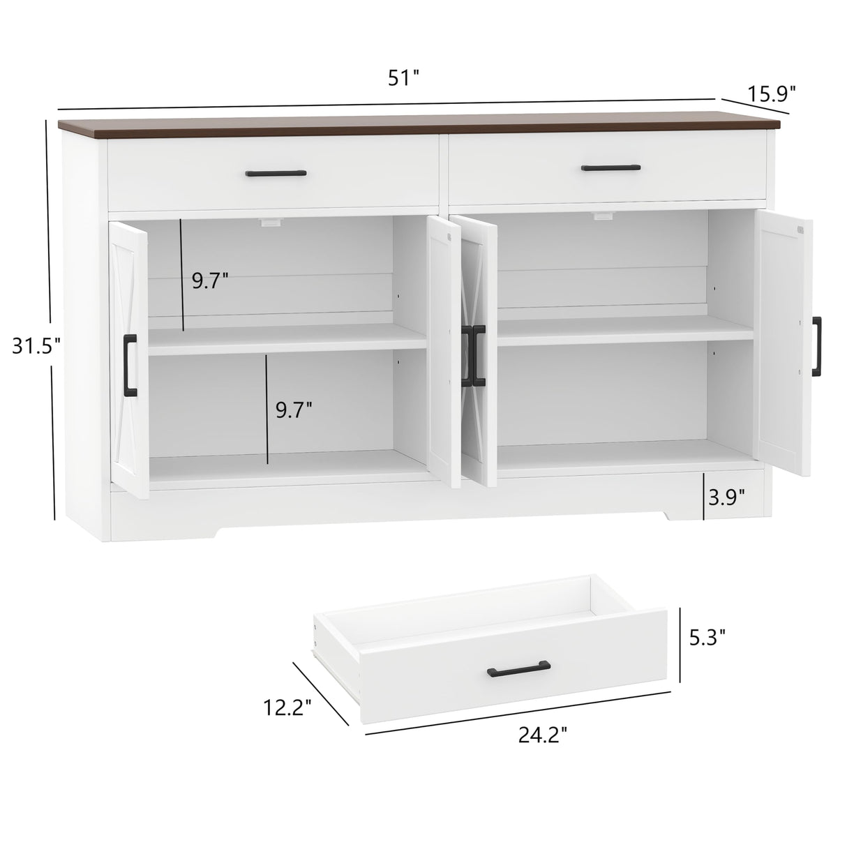 Rovaurx Farmhouse Sideboard Buffet Cabinet with Storage, Kitchen Storage Cabinet with 2 Drawers & 4 Barn Doors, Wooden Coffee Bar Cabinet Console Table for Kitchen, Dining Room, White KBG003W Rovaurx