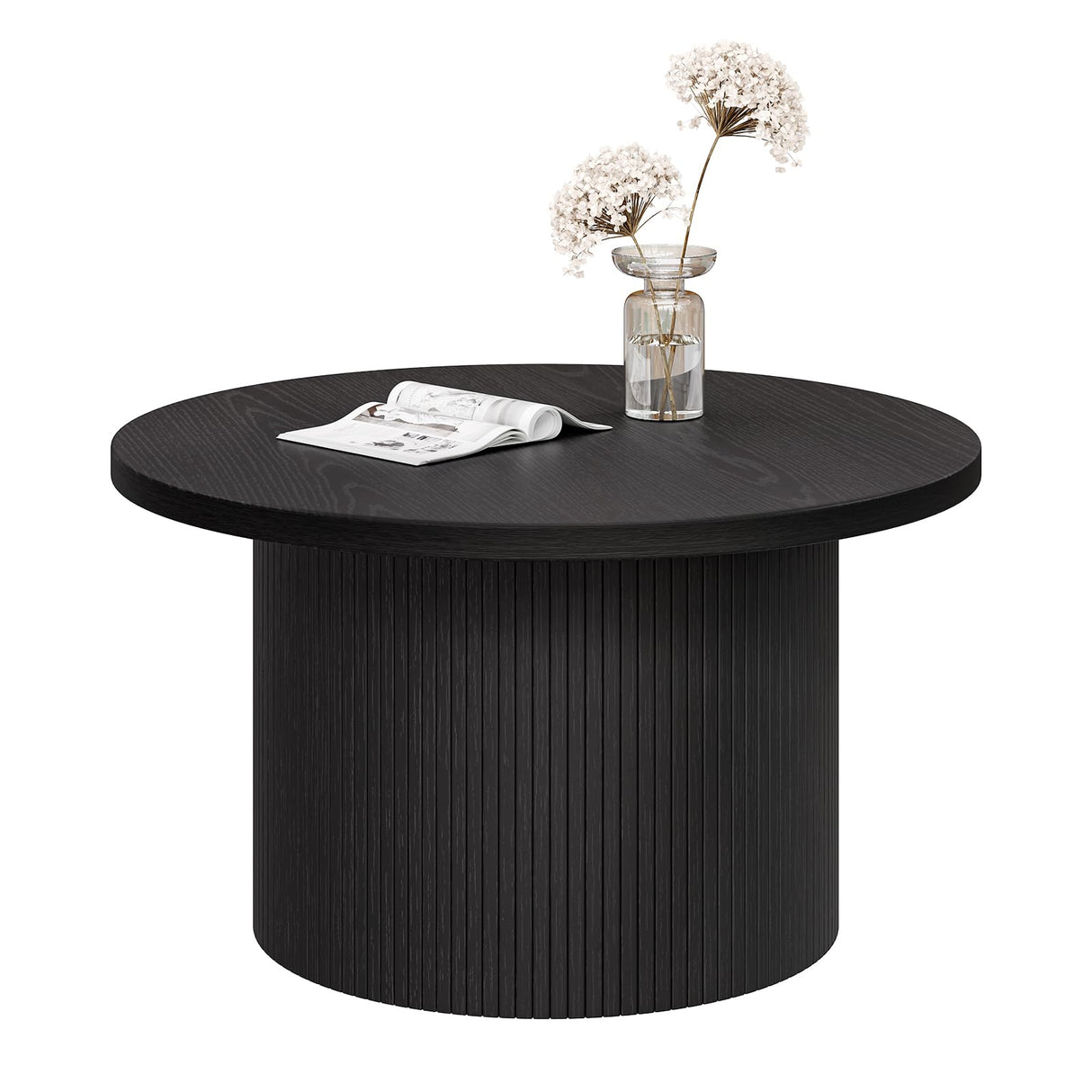 ONBRILL 31.5" Round Coffee Table, Tambour Design Coffee Tables for Living Room, Mid Century Modern Wood Coffee Table, Drum Accent Small Center Table, Black ONBRILL