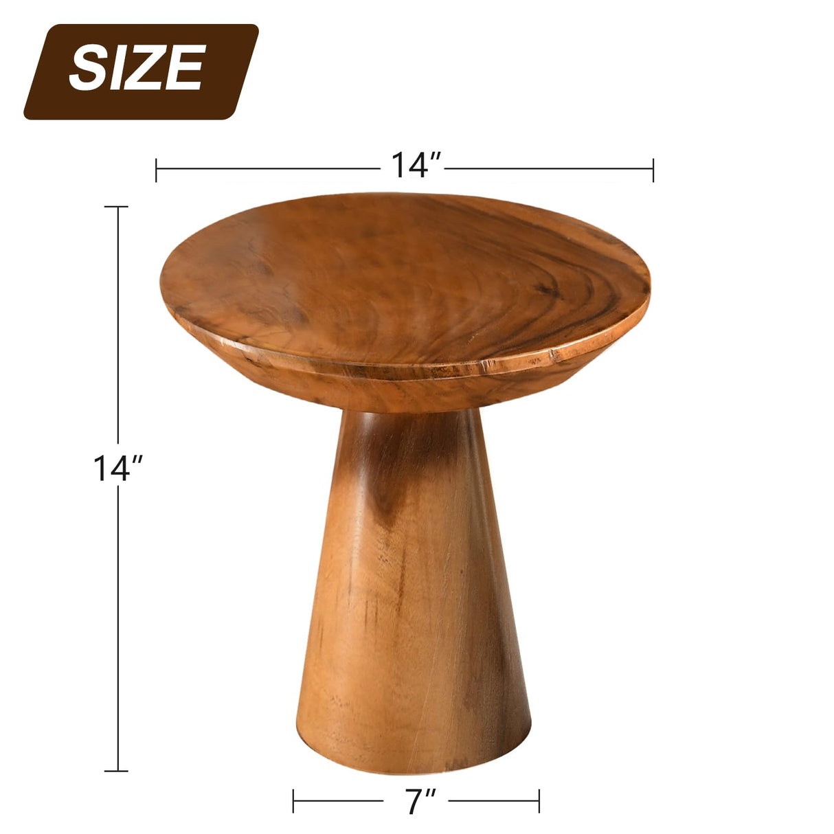 JOLLYMER Mushroom Side Table, Teak Stool, Natural Plant Stand, 14" Tall Wood Round Coffee Table for Living Room, Bedroom, Garden, Yard JOLLYMER