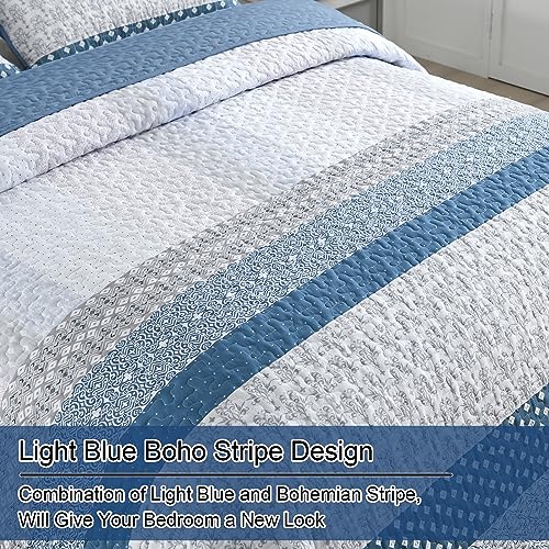 WONGS BEDDING Blue Quilt Queen Size, Bohemian Stripe Quilt Sets 3 Pieces Boho Quilted Bedspread Set Lightweight Microfiber Coverlet Bedding Set All Season (96"x90") WONGS BEDDING