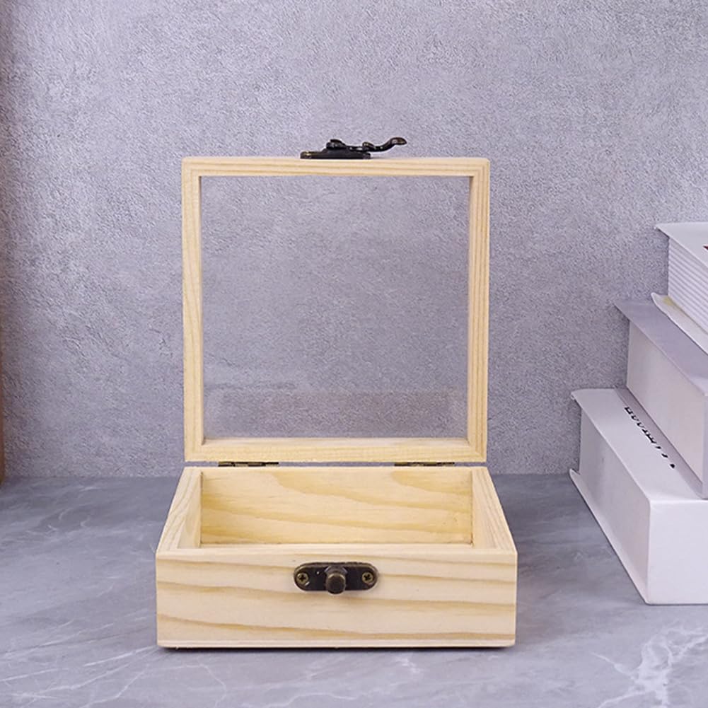 CALFOVERA 4.72×4.72×1.97 Inch Wooden Square Storage Box with Glass Lid Iron Clasp Unfinished PapayaWhip Stash Box Jewelry Display Case Container for Jewelry Storage Gift Packaging Home Decoration CALFOVERA
