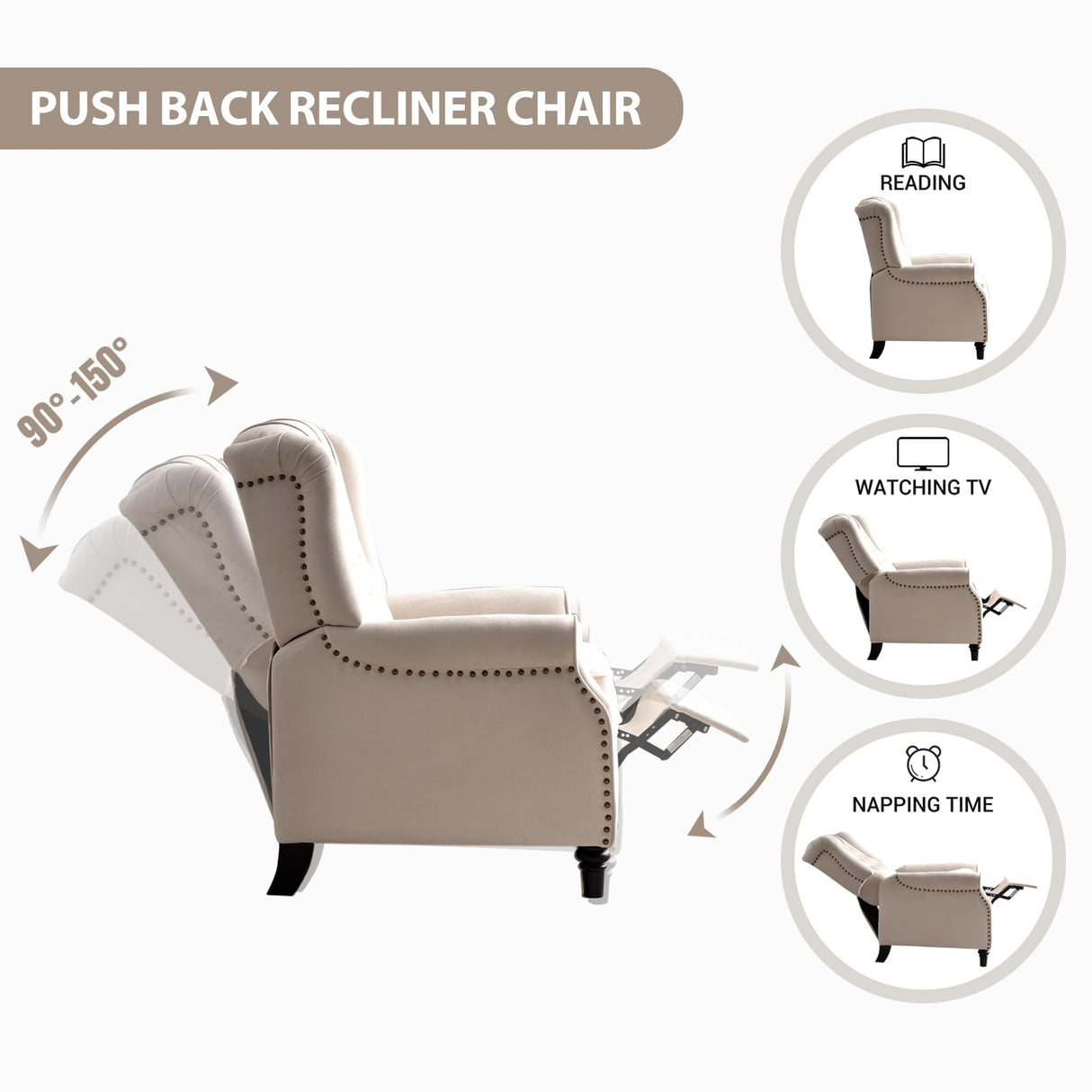 EBELLO 2 Pcs Pushback Recliner Chairs, Fabric Armchair Push Back Recliner with Rivet Decoration, Single Sofa Accent Chair for Living Room, Bedroom,Beige EBELLO