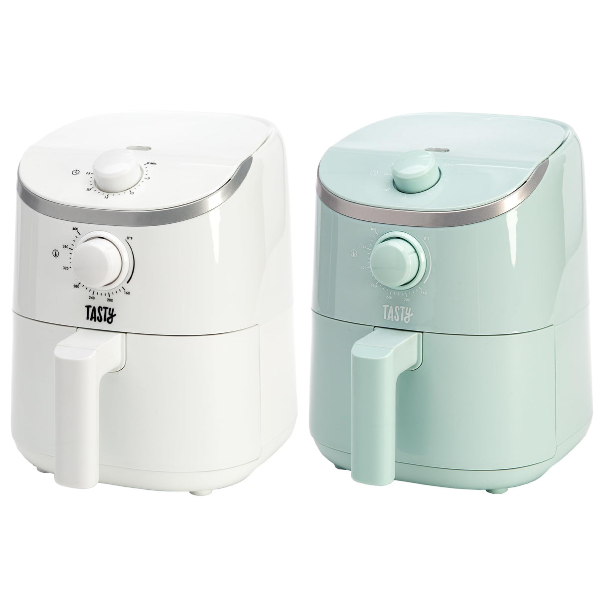 Tasty Personal Air Fryer, Healthier Meals in Minutes, Adjustable Temp Control up to 400°F, Easy-to-Use Design, Nonstick Basket and Tray Made without PFAS, PFOA, PFOS & PTFE, 900 Watts, 2-Quart, White Tasty