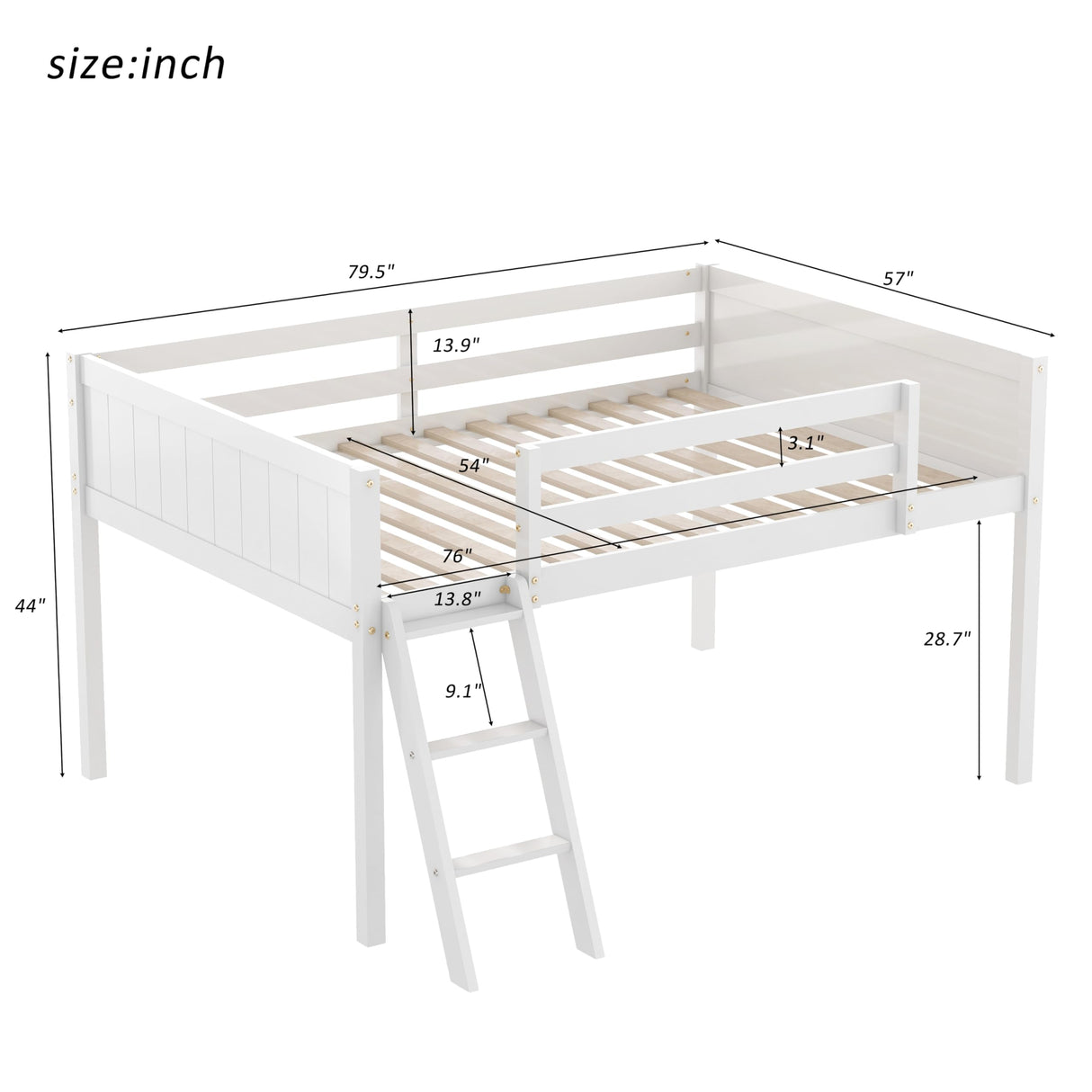 Merax Low Loft Bed: Wooden loftBed with Ladder, Low Loft with Full Guardrail,Ladder can be Placed on The Left or Right, Full Size,White Merax