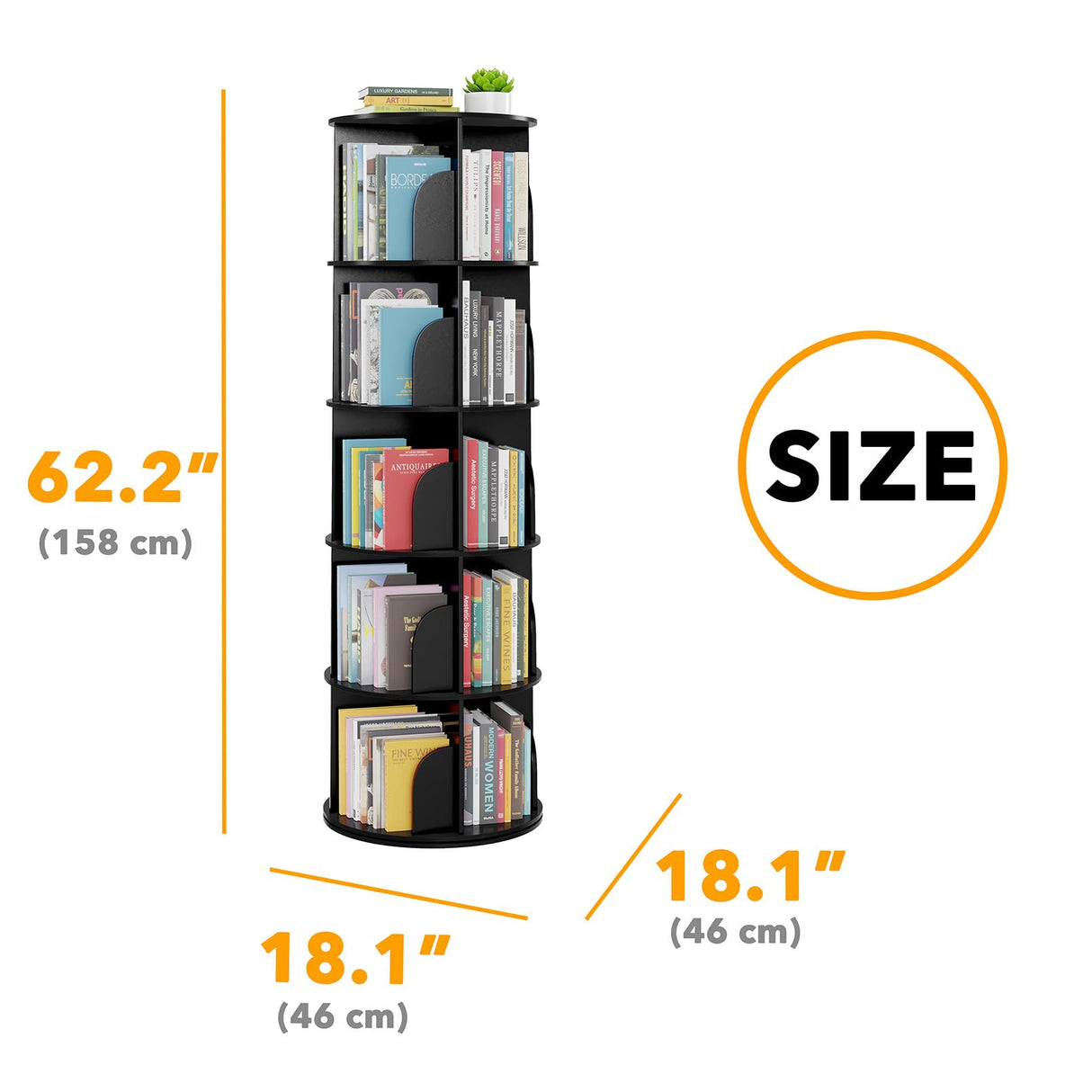 SpaceAid 5 Tier Rotating Bookshelf Tower, Spinning Bookcase Lazy Susan, Revolving 360 Book Shelf Storage Round Carousel, Vertical Rotate Turning Spiral Corner Organizer, Black SpaceAid