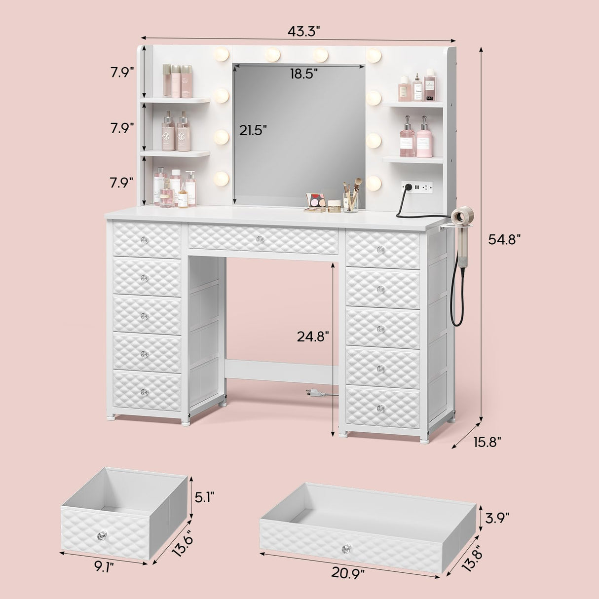 HAUOMS Vanity with Lights and Mirror, 11 Drawer Makeup Vanity with Power Strip, 6 Open Shelves, 43.3” Vanity Desk with Storage, Dressing Table with 3 Color Modes for Bedroom, Women, Girls (White) HAUOMS