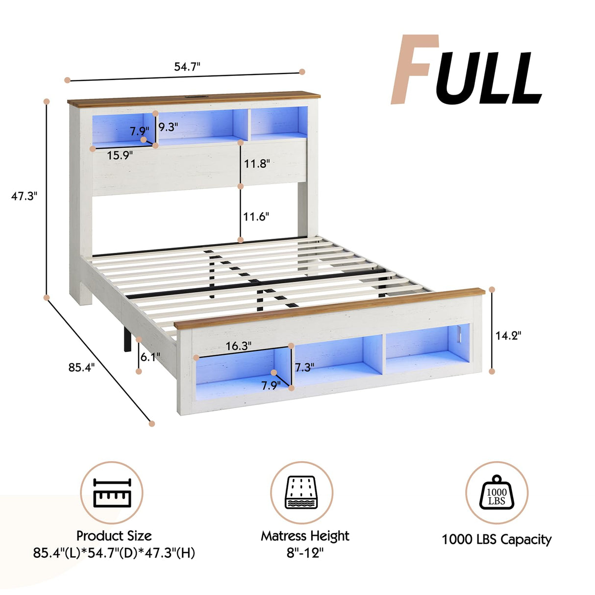 LUXOAK Queen Size Bed Frame with Bookcase Storage Headboard & Footboard, Farmhouse Wood Platform Bed with LED Light & Charging Station, No Box Spring Needed, White LUXOAK