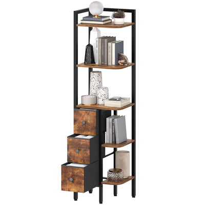 YATINEY Corner Shelf Stand, 5-Tier Corner Bookshelf with 3 Drawers, Industrial Display Shelf for Narrow Spaces, Wooden Small Bookcase, Easy Assembly, Rustic Brown and Black CJ10BR