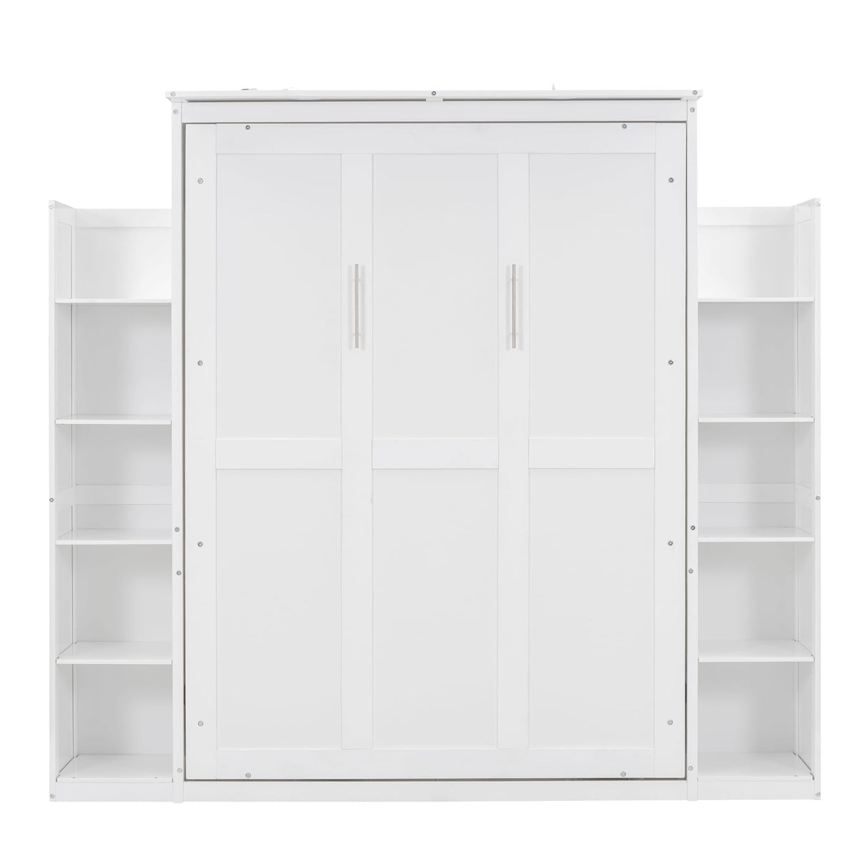 SOFTSEA Full-Size Murphy Bed Wardrobe with Shelves & LED Lights, Space-Saving Wood Frame in White SOFTSEA