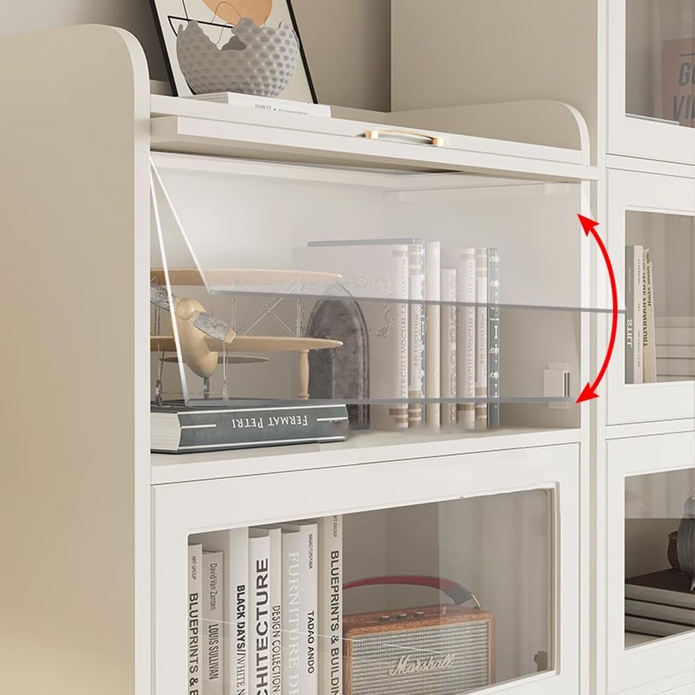 LITFAD Modern White Wooden Bookcase with Glass Doors & Drawer for Minimalist Storage LITFAD