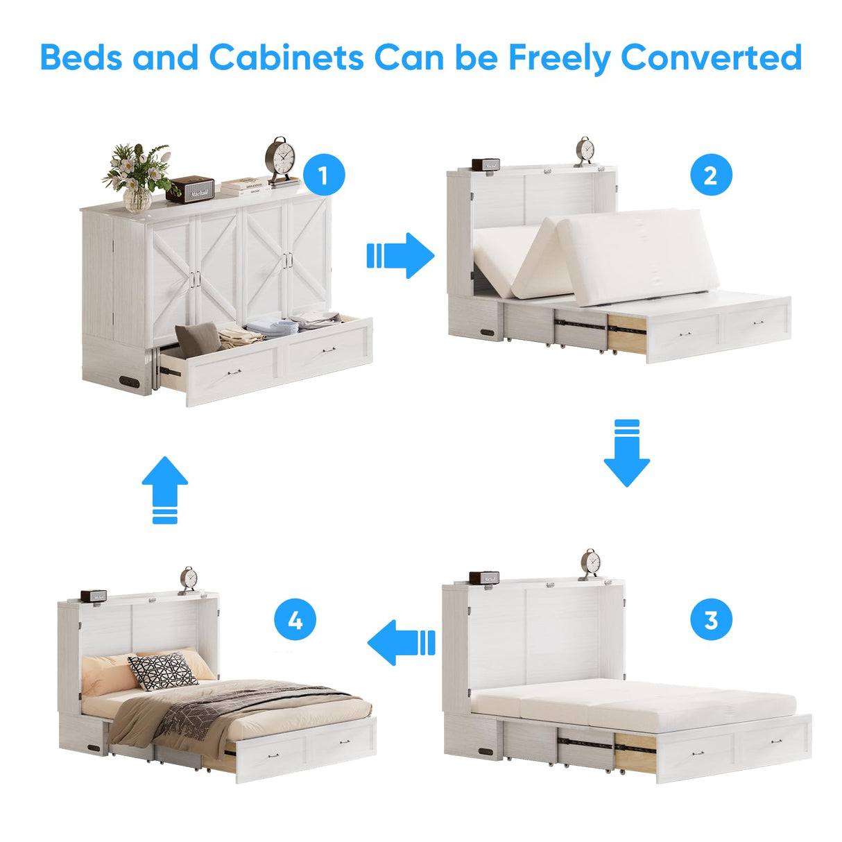 PUREMIND Queen Murphy Bed Cabinet with Mattress Included, Bedroom Cabinet Beds with USB Charging Station, Murphy Chest Bed with Storage Drawers, Horizontal Wallbed for Guest Room White PUREMIND