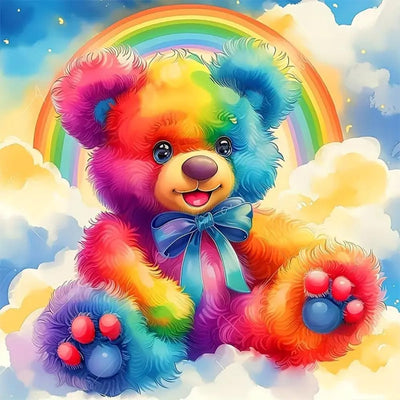 Diosedyer 5D Full Drill Rainbow Teddy Bear Diamond Painting Kit - Cute Colorful Bear with Blue Bow & Rainbow Background, DIY Crystal Art for Adults Kids, Home Decor & Holiday Gift 11.8x11.8 inch