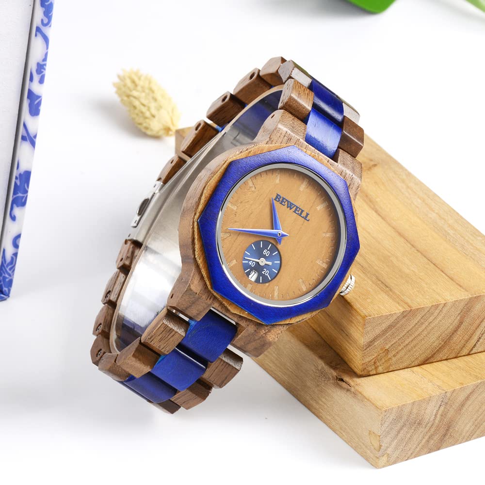 BEWELL Wood Watch,Analog Quartz Polygon Wooden Watches for Men Unique Gift BEWELL