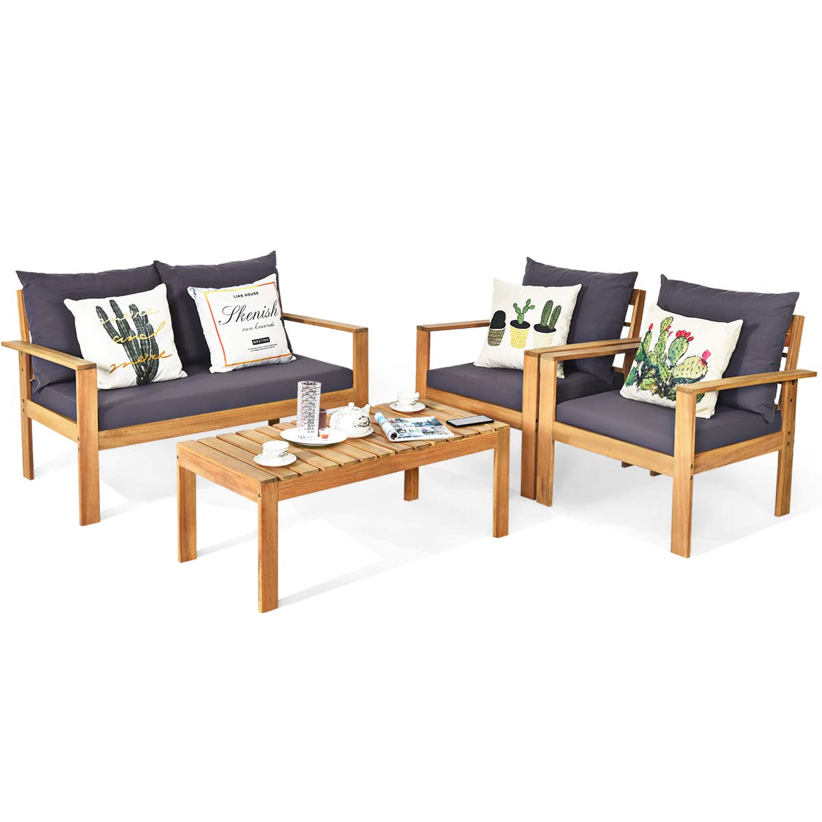 Tangkula Outdoor 4-Piece Acacia Wood Chat Set, 4 Seater Acacia Wood Conversation Sofa and Table Set with Waterproof Furniture Cover, Teak Finished (1, Grey) Tangkula