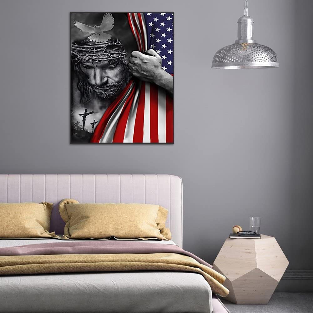 5D Diamond Art Painting by Number Kits Full Drill for American Flag Religious God Jesus Christ 16x20 Inch Round Drill Diamond Art Dots for Adults Crafts Cross Stitch Wall Decor WoodArtSupply