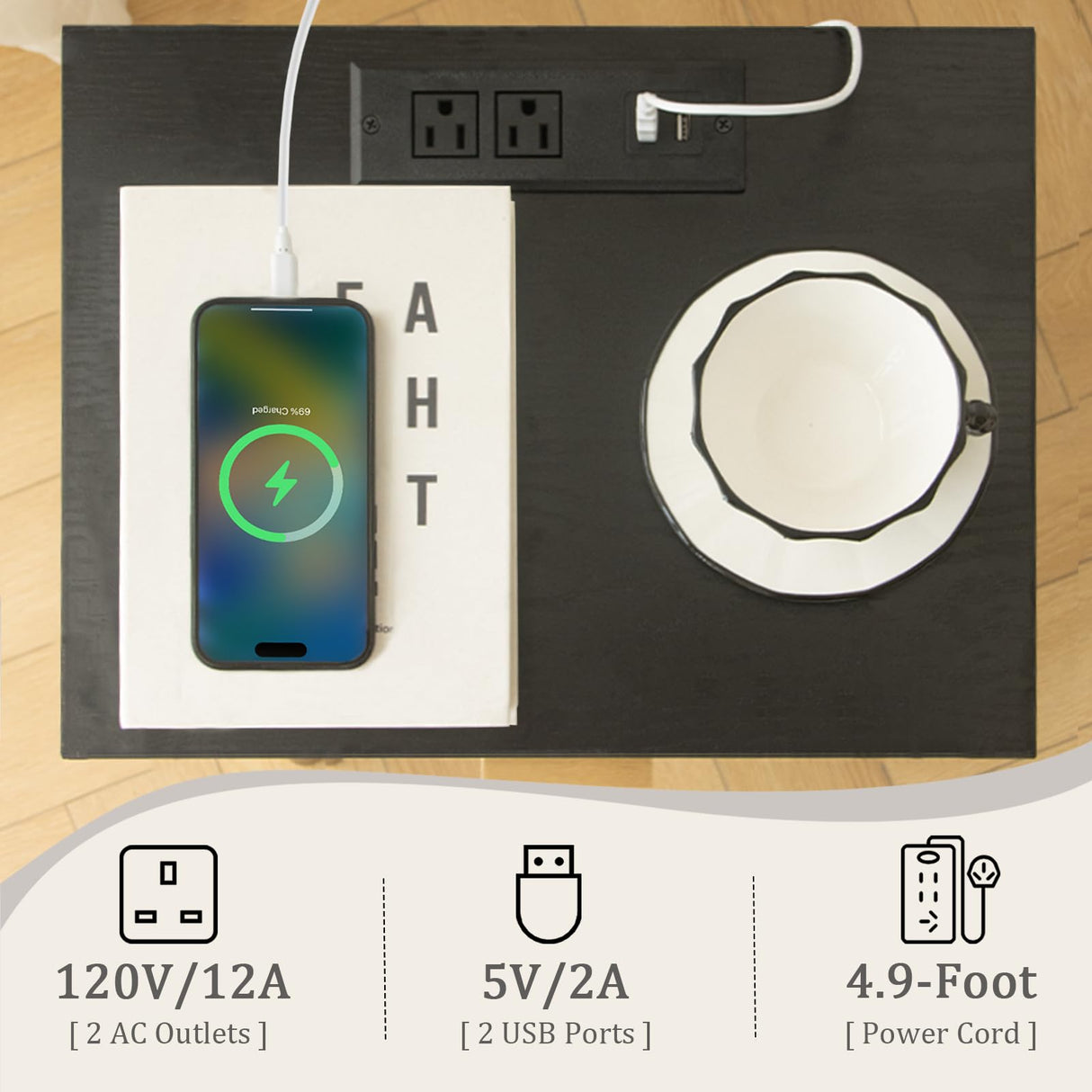 Fultyle Fluted Black Nightstand with Charging Station, Mid Century Modern Bedside Table with Drawers and Outlet,Side Tables Living Room, Wooden Night Stand for Bedroom, Office (Black) Fultyle