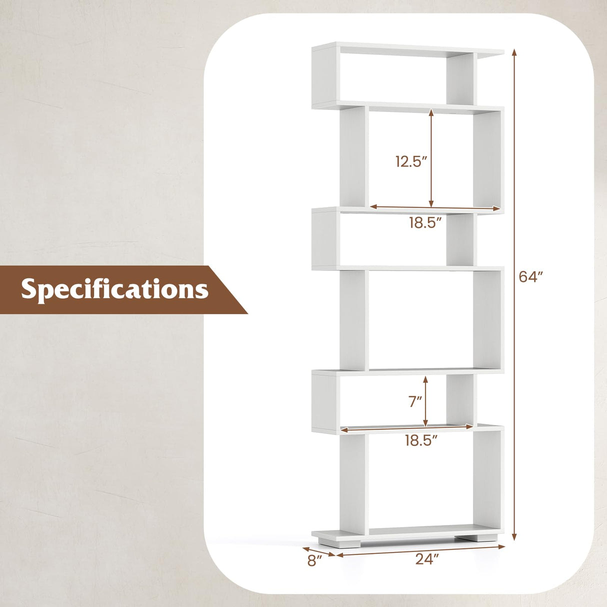 Tangkula 6-Tier S-Shaped Bookshelf, 64" Freestanding Geometric Bookcase, Home Office Wood Storage Shelf with Anti-Toppling Device, Room Divider Display Rack for Study, Living Room (1, White) Tangkula