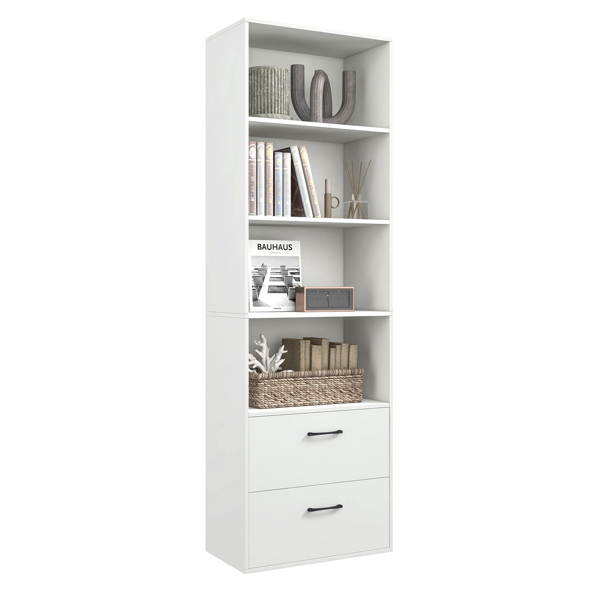 Tangkula 4 Shelf Bookcase with 2 Drawers, 74 Inch 4 Tiers Tall Open Bookshelf with 2 Slide-Out Drawers, Anti-toppling Device, Freestanding Wood Storage Shelf for Home Office (White, 74" H) Tangkula
