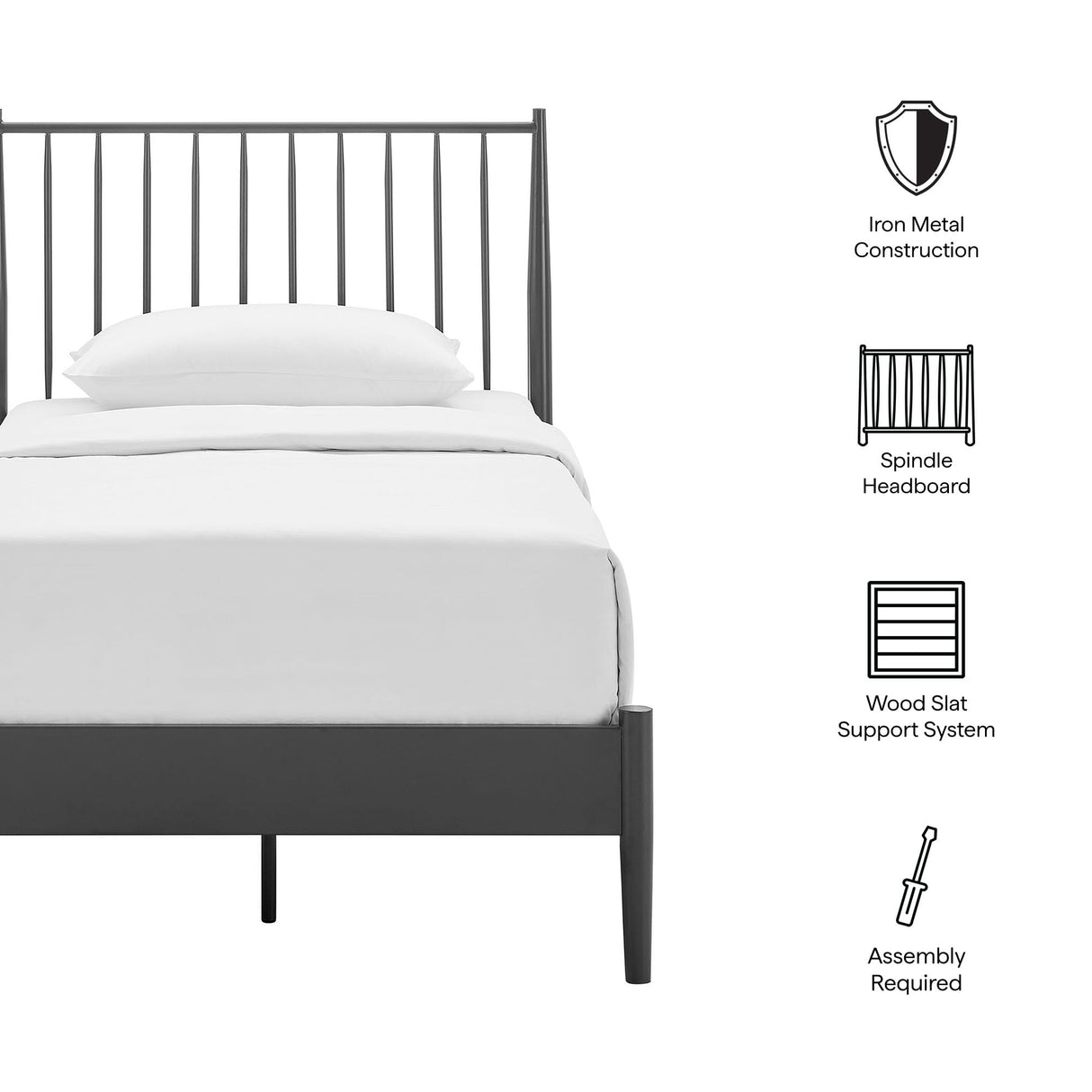 Modway Adair Twin Metal Platform Bed Frame with Spindle Headboard – Classic Modern Farmhouse Mattress Foundation with Wood Slat Support, No Box Spring Needed Modway
