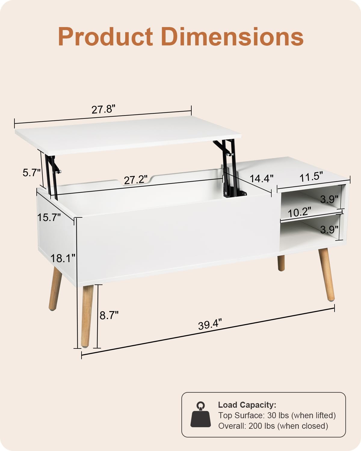 ALINE FURNITURE White Coffee Table Lift Top - Lift Top Coffee Table with Hidden Compartment Storage - Wood Coffee Table with Lifting Top - Pull Up Coffee Tables for Living Room ALINE FURNITURE