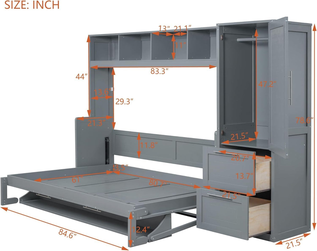 MERITLINE Queen Murphy Bed with Wardrobe Closet,2 Drawer,4 Storage Open Shelves,Wood Folding Murphy Wall Bed Cabinet (Grey) MERITLINE