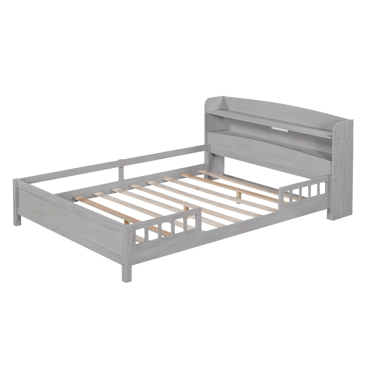 Bellemave Full Size Low Platform Bed with LED Light, Storage Headboard & Safety Rails for Kids in Grey Bellemave