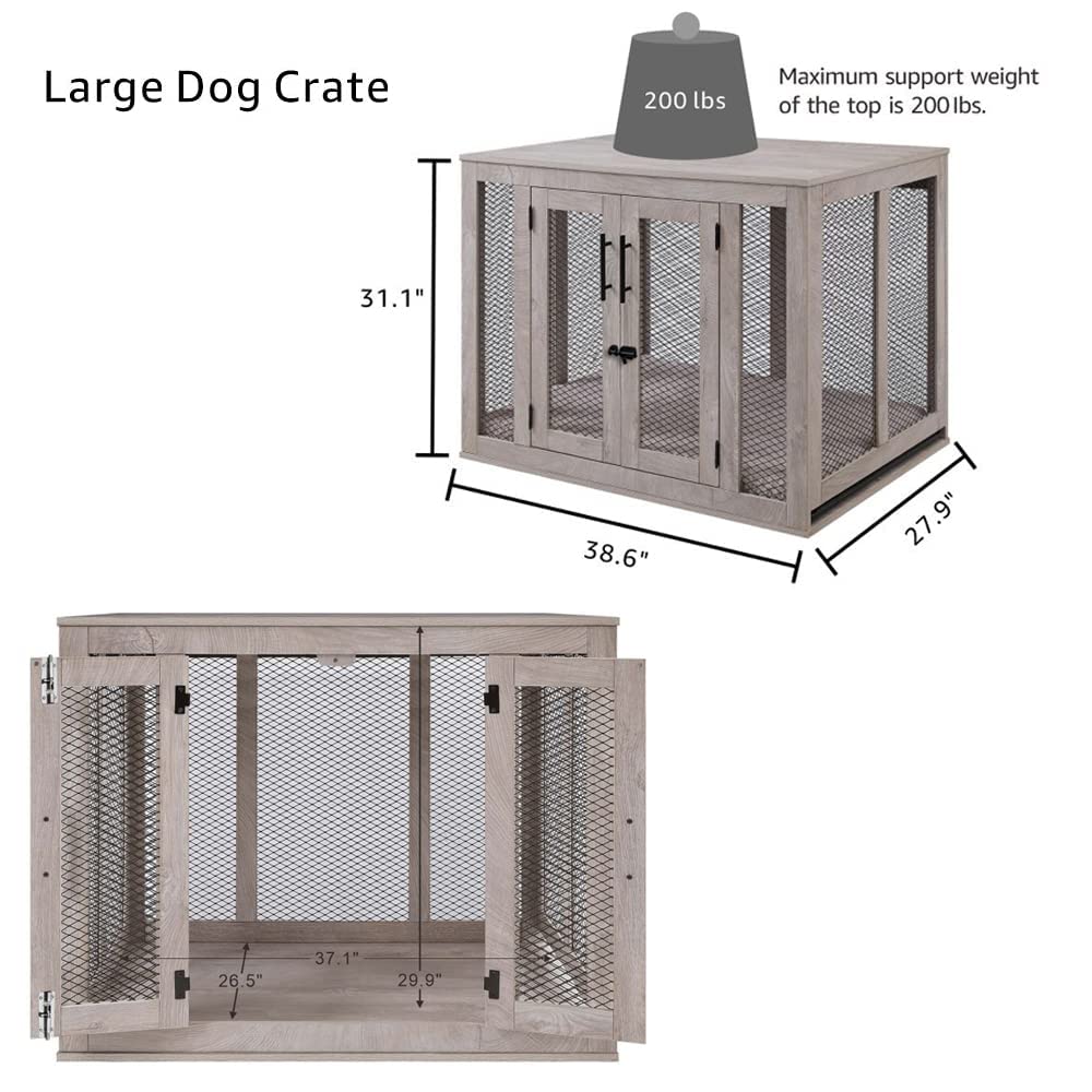 unipaws Large Dog Crate Furniture, Wooden Dog Kennel for Large Breed, Indoor Decorative Wood Dog Cage, Inside Side End Table Crate with Tray and Dog Bed, Dog Enclosure, for Dogs Up to 70 lbs unipaws