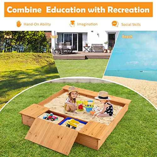 HONEY JOY Kids Sandbox, 49”x47” Cedar Wooden Sand Pit for Toddlers, 2 Side Removable Boxes, Convertible Bench Seat, Outdoor Sand Boxes for Kids Backyard, Gift for Boys Girls Age 3+ HONEY JOY