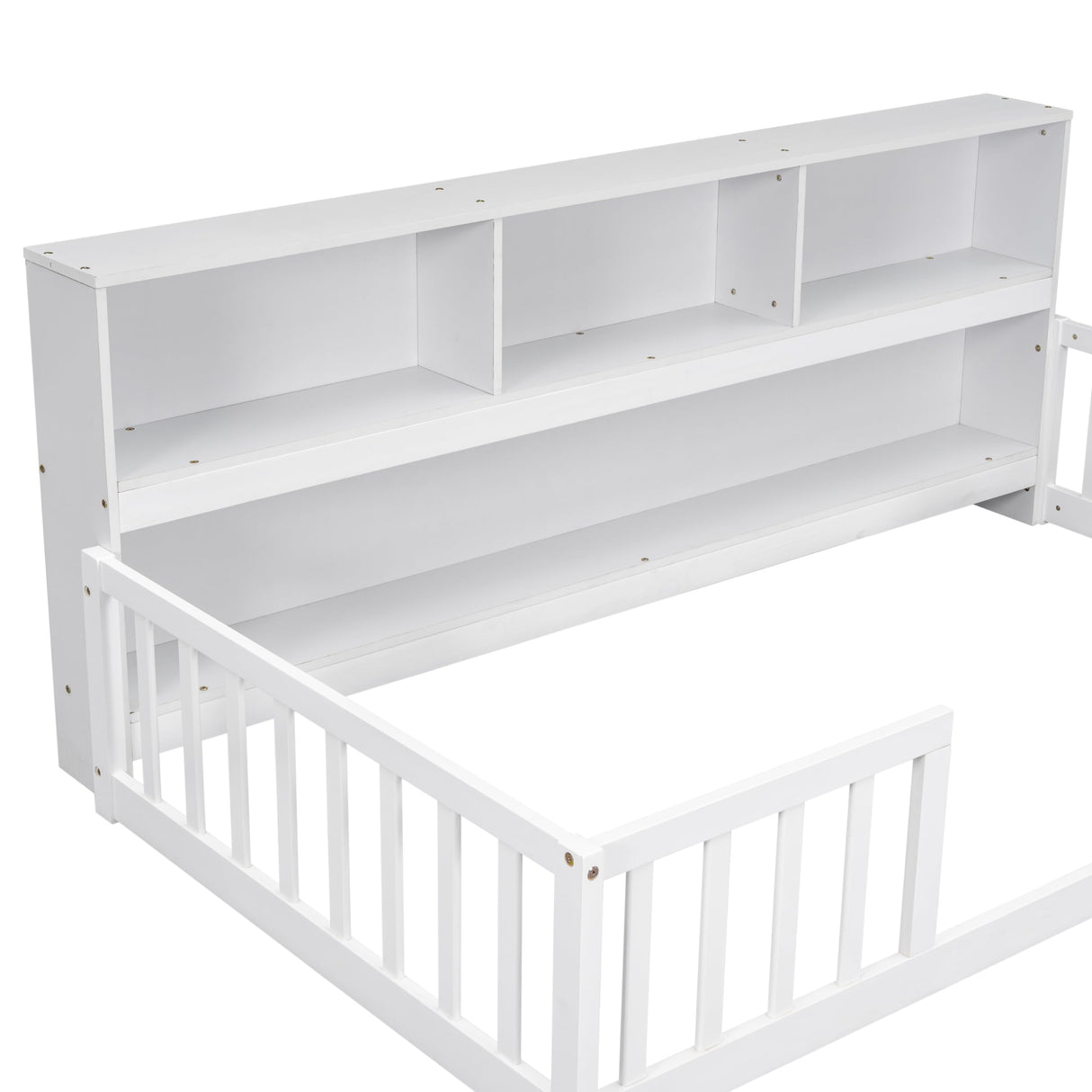 Harper & Bright Designs Twin Floor Bed with Bedside Bookcase, Shelves, Guardrails, Wood Montessori Bed with Storage, White Harper & Bright Designs