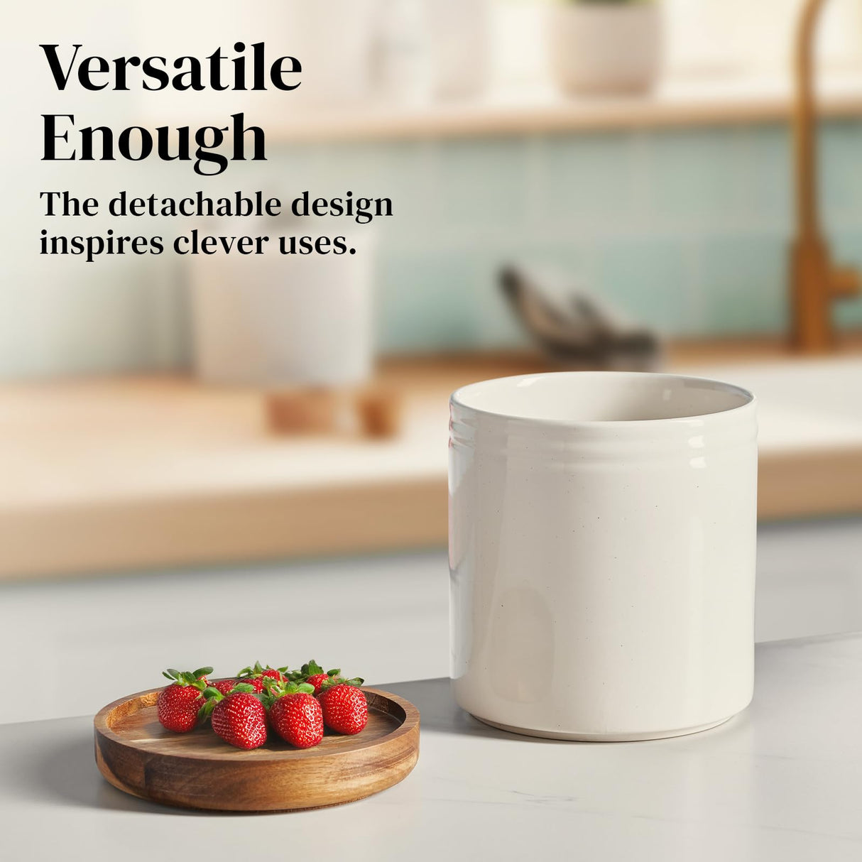 DOWAN 7.6" 360° Rotating Utensil Holder, Cooking Utensil Holder, Kitchen Utensil Holder for Countertop, Ceramic Utensil Crock, Large Utensil Holder for Kitchen Counter, Protection Cork Bottom, White DOWAN