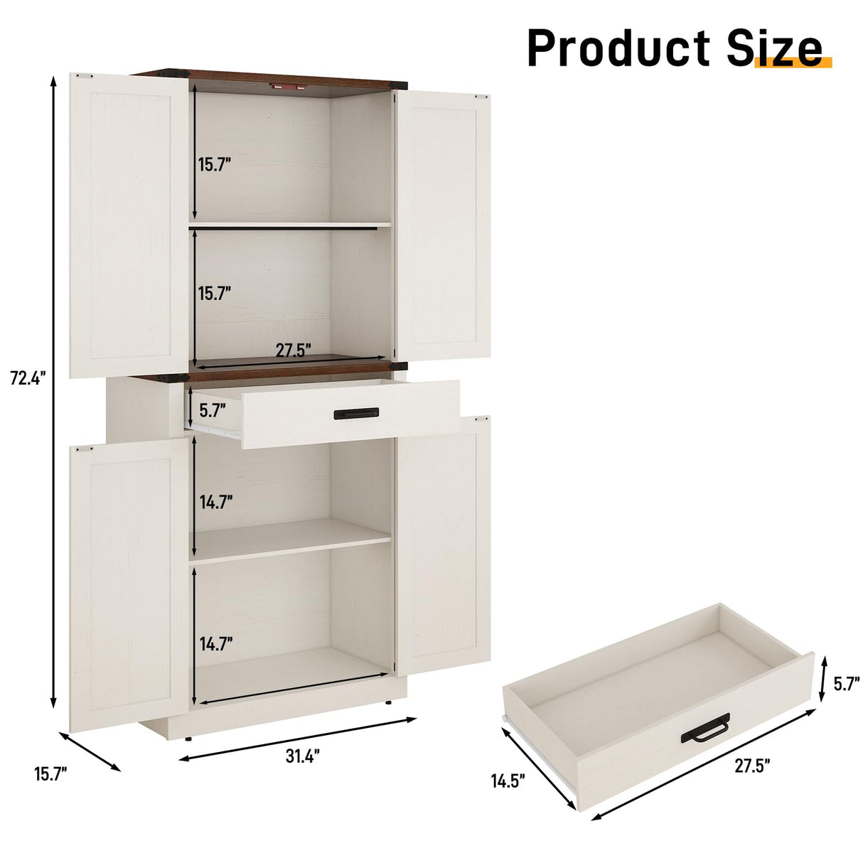 Hlivelood 72" Tall Farmhouse Kitchen Pantry Cabinet with Drawer, Rustic Wood Cupboard Storage Cabinet w/Organizer and 4 Barn Doors, Storage Cabinet for Kitchen, Dining Room, Living Room, Rustic White Hlivelood