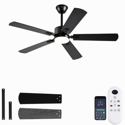 FUMLTP 52 inch Modern Ceiling Fans with Lights APP/Remote Control, Low Profile Reversible 6 Speeds Ceiling Fan Light for Indoor/Outdoor Patio Bedroom Living Room,Black