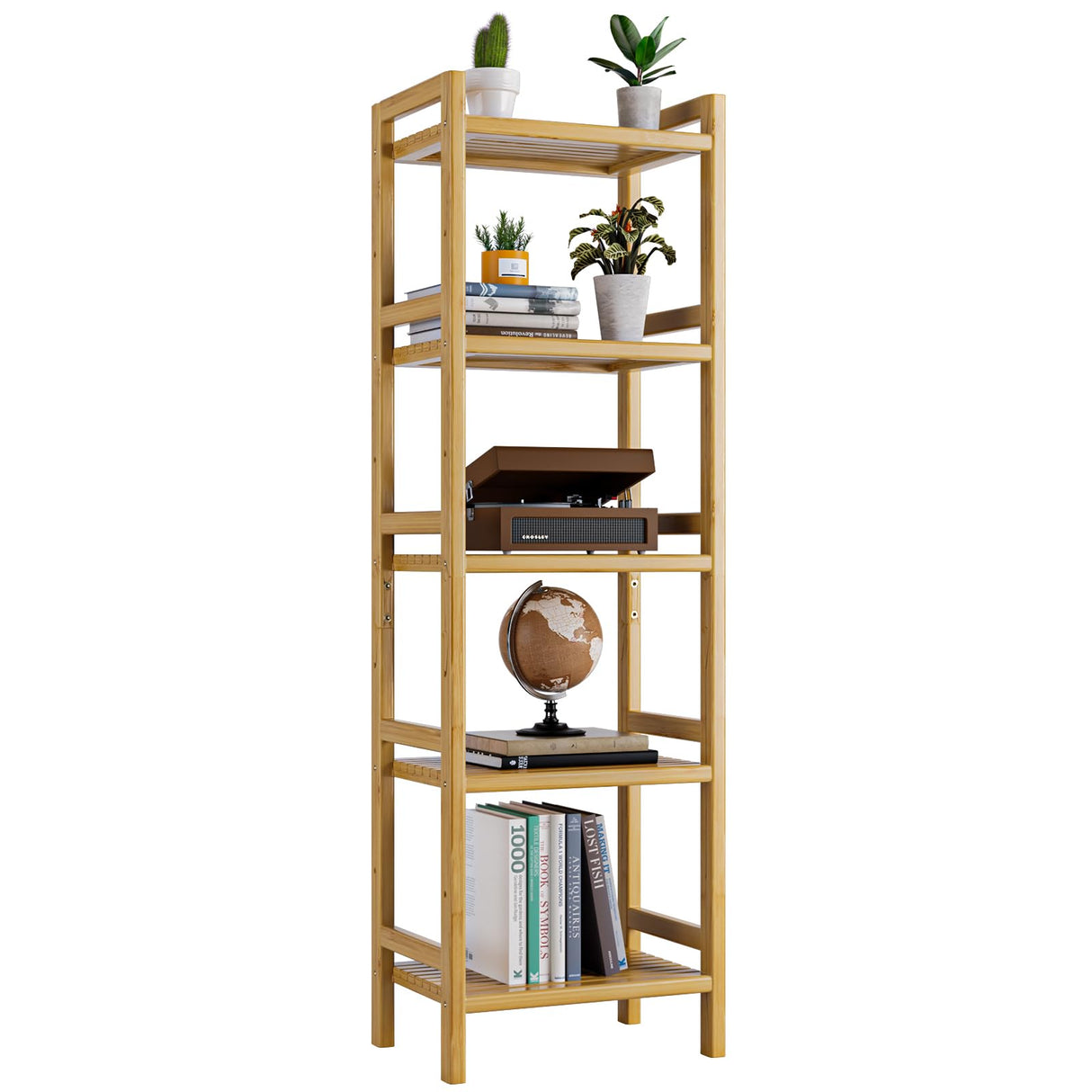 HITNET Tall Narrow Bookshelf, 5 Tier Bathroom Shelf Bamboo, Floor Standing Display Storage Organizer for Small Space, Adjustable Shelves, Natural Wood Bookcase HITNET