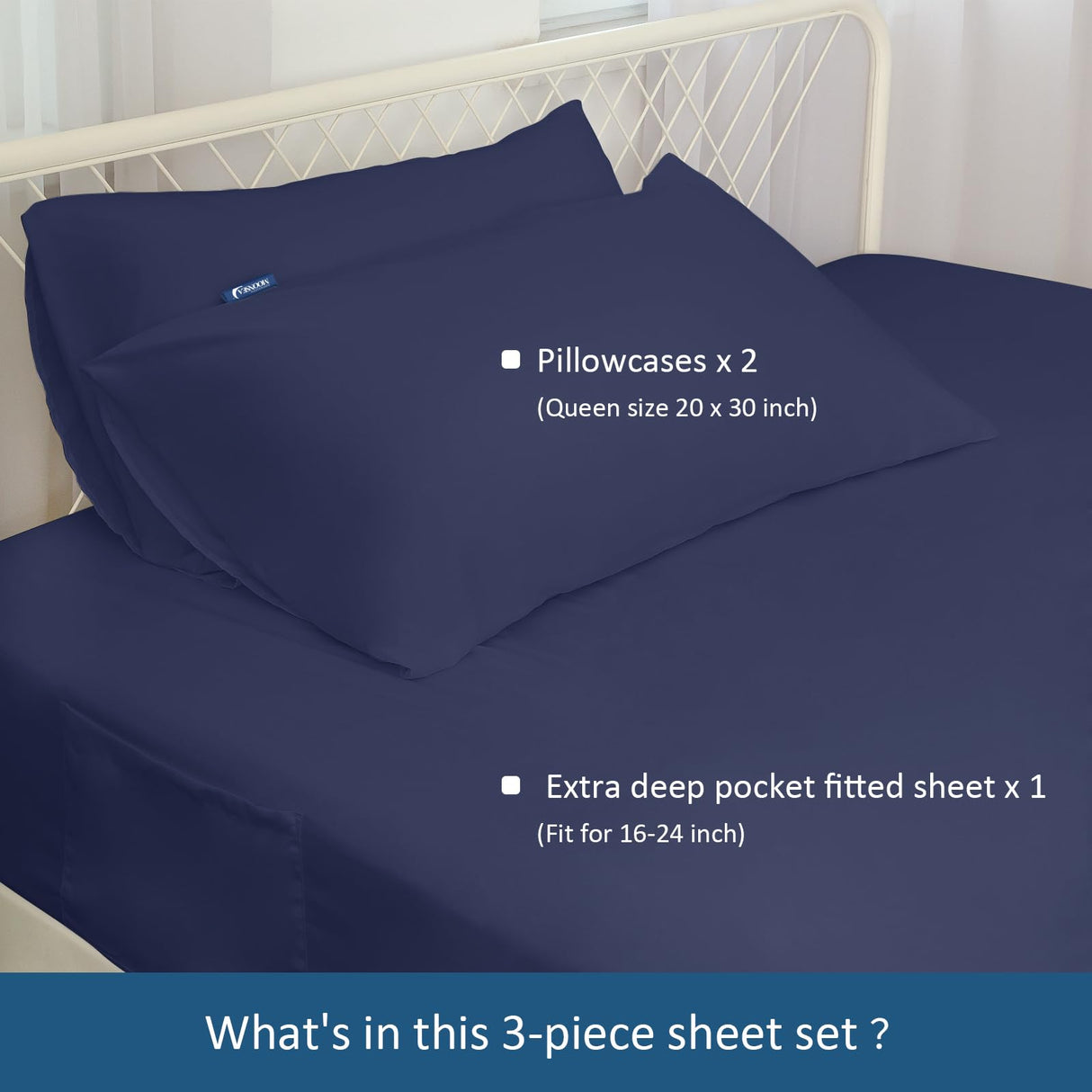 Queen Sheet Set for Air Mattress - Sheets Queen Size Bed Set - 3Pcs Side Storage Pocket Fitted Sheet & Pillowcases Easily Fits 16in to 24in Pillow Top Air Bed Mattress - Navy Blue Moonsea