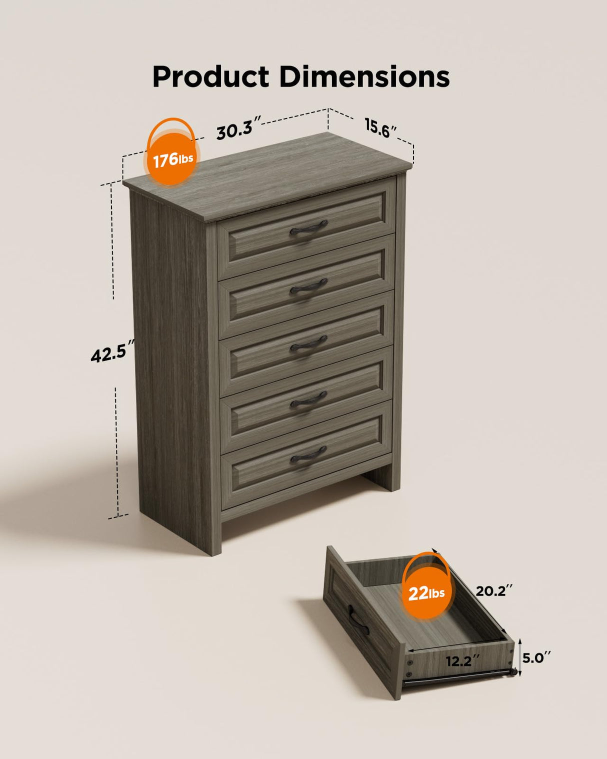 Pipishell Grey 5 Drawers Dresser Chests for Bedroom, 42.7 Inch Tall Wooden Dresser, Farmhouse Storgae Organizer with Large Drawers & Bar Handles for Bedroom, Entryway, Hallway, Grey Pipishell