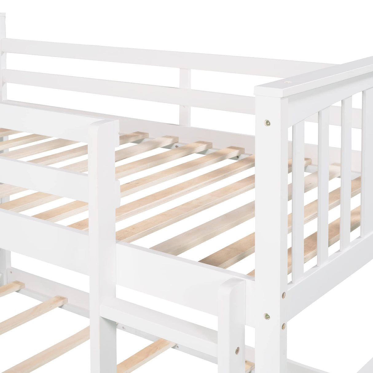 Montessori Floor Bunk Bed Twin Over Twin, Twin Bunk Bed with Slide and Ladder, Kids Bunk Beds with Guardrail Headboard and Footboard, Low Bunk Beds for Kids, Boys, Girls, Twin Bunk Bed White Bellemave