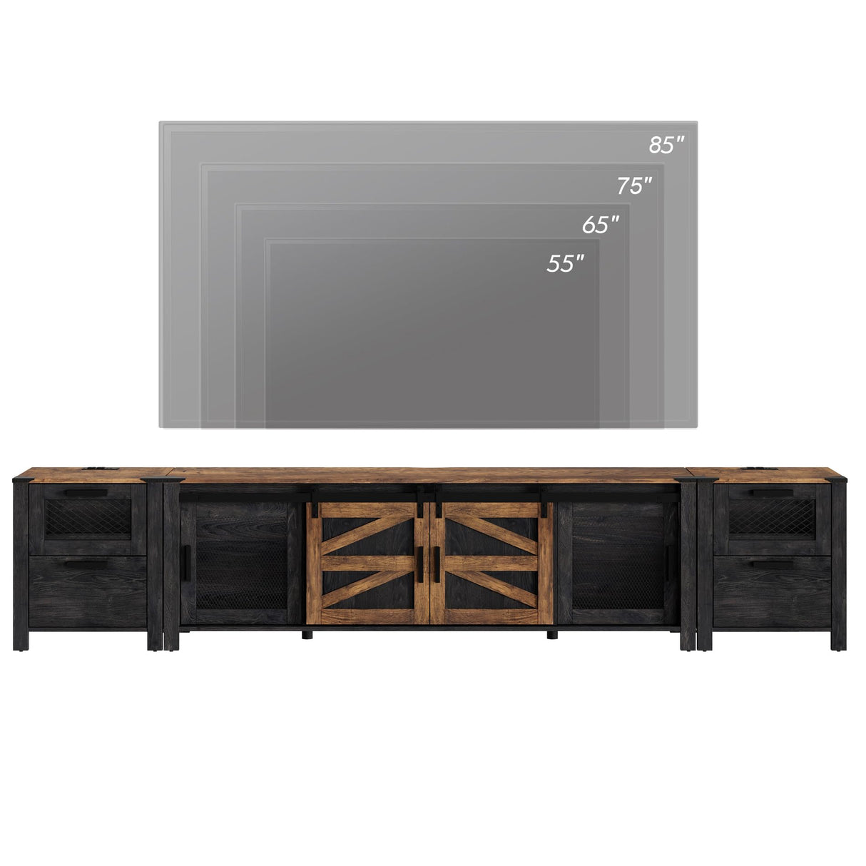WAMPAT TV Stand Set with Charging Station and Drawers,85 inch Farmhouse Entertainment Center with Sliding Barn Door,Media TV Console with Storage Shelf for Living Room Bedroom,Dark Walnut and Black WAMPAT