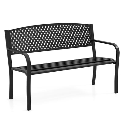 Tangkula Metal Outdoor Park Bench, 50 Inches Garden Bench with Patterned Backrest and Curved Armrests, 2-3-Person Patio Bench, Outside Heavy-Duty Metal Loveseat Chair for Porch, Lawn, Yard & Park
