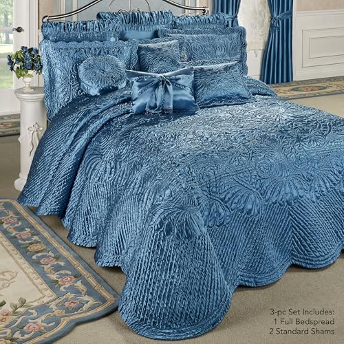 Touch of Class Portia Luxury Bedding | Rich Sapphire Blue | Premier Quilted Polyester Satin | Hand Guided Machine Quilted Scroll Design 3 Piece Set: Full Oversized Bedspread & 2 Standard Shams Touch of Class