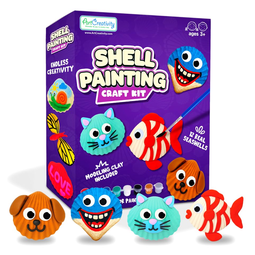 ArtCreativity Seashell Painting Kit for Kids - Sea Shell Craft Kit with 12 Real Seashells, 8 Paint Pots, 2 Glitter Paint Tubes, Air Dry Clay, and More - Summer Arts and Crafts Kits for Girls Ages 4-12 ArtCreativity