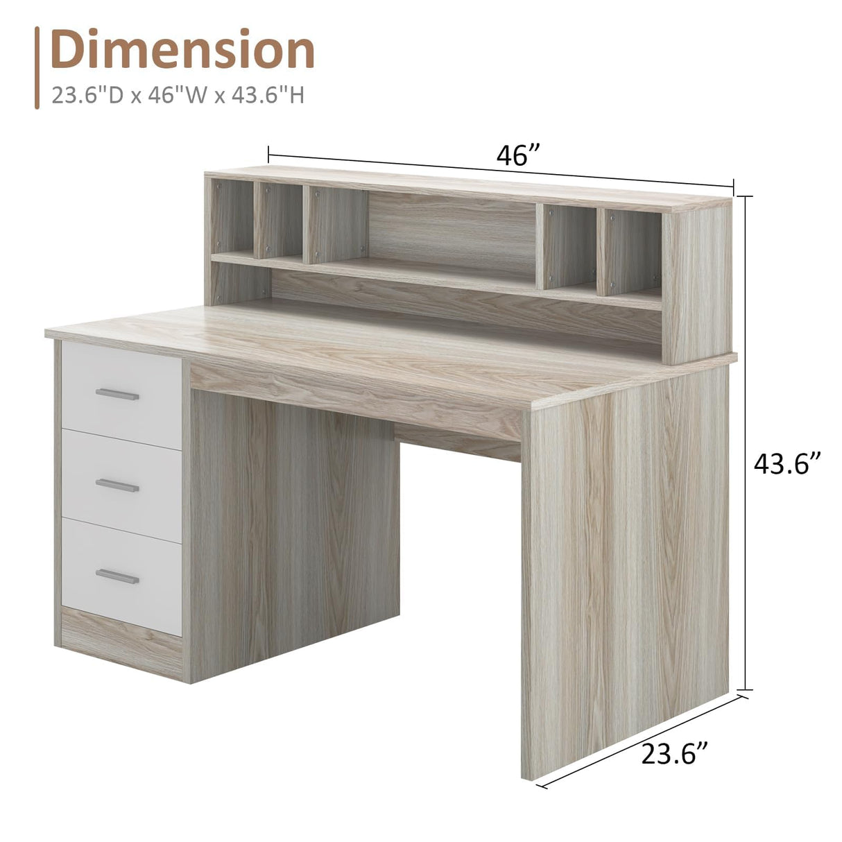 MaverickFurni Walnut and White Desk with 3 Drawers, Small Desk with Storage, Study Desk with Hutch, Kids Desk with Drawers, Wooden Computer Desk for Bedroom MaverickFurni