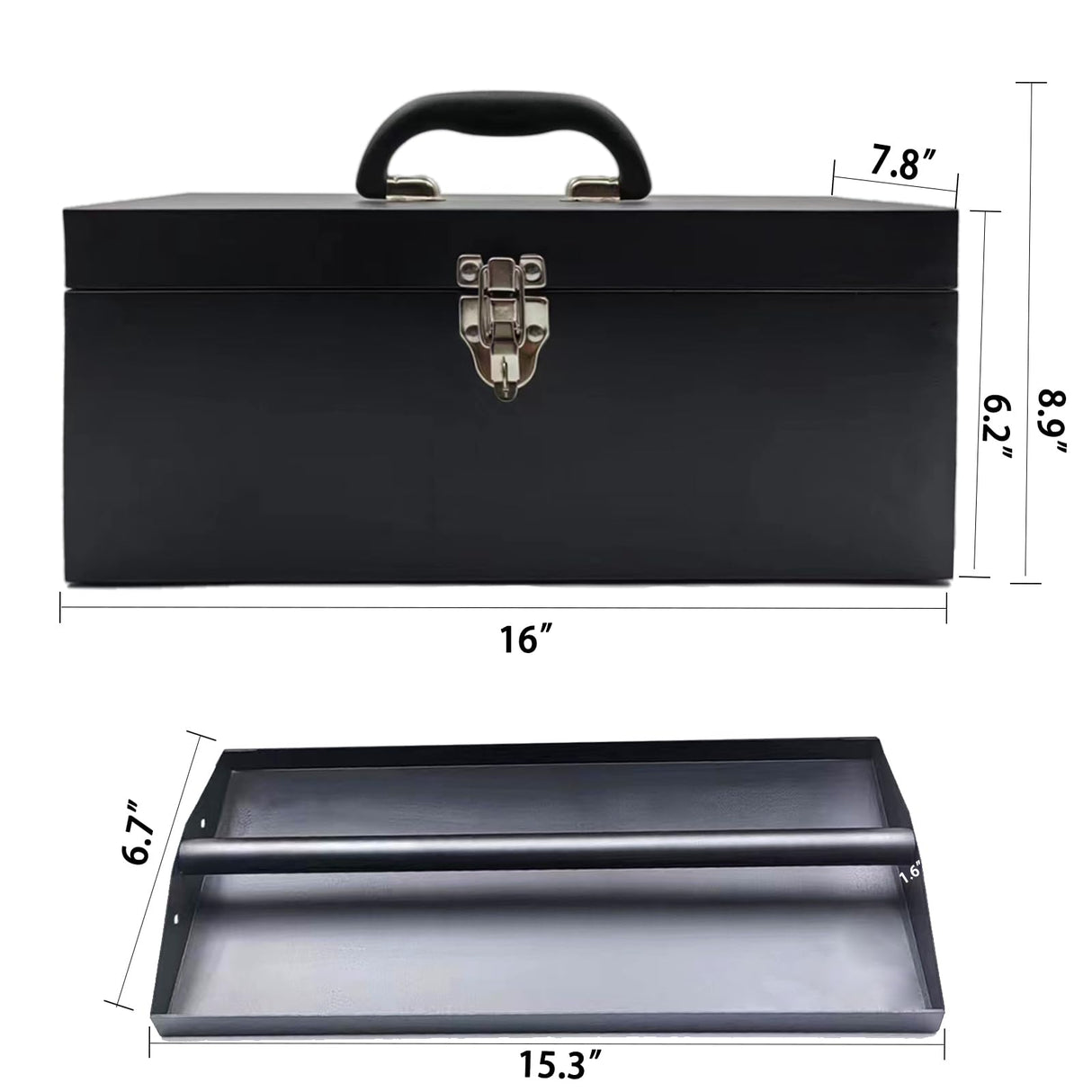 16" Portable Steel Heavy-duty Large Tool Box 18-Gauge Fishing Tackle Box Tool Box Drawer Organizer With Metal Latch and Handle Black Azuline