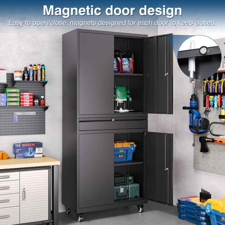 AFAIF Black Metal Storage Cabinet with Wheels, 73" Tall Garage Rolling Storage Cabinet with Doors and Shelves, Lockable Tool Cabinet Steel Locking Cabinets for Home Office, Garage, Pantry AFAIF