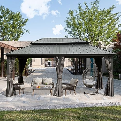 Domi 12' X 18' Hardtop Gazebo, Aluminum Metal Gazebo with Galvanized Steel Double Roof Canopy, Curtain and Netting, Permanent Gazebo Pavilion for Patio, Backyard, Deck, Lawn domi outdoor living
